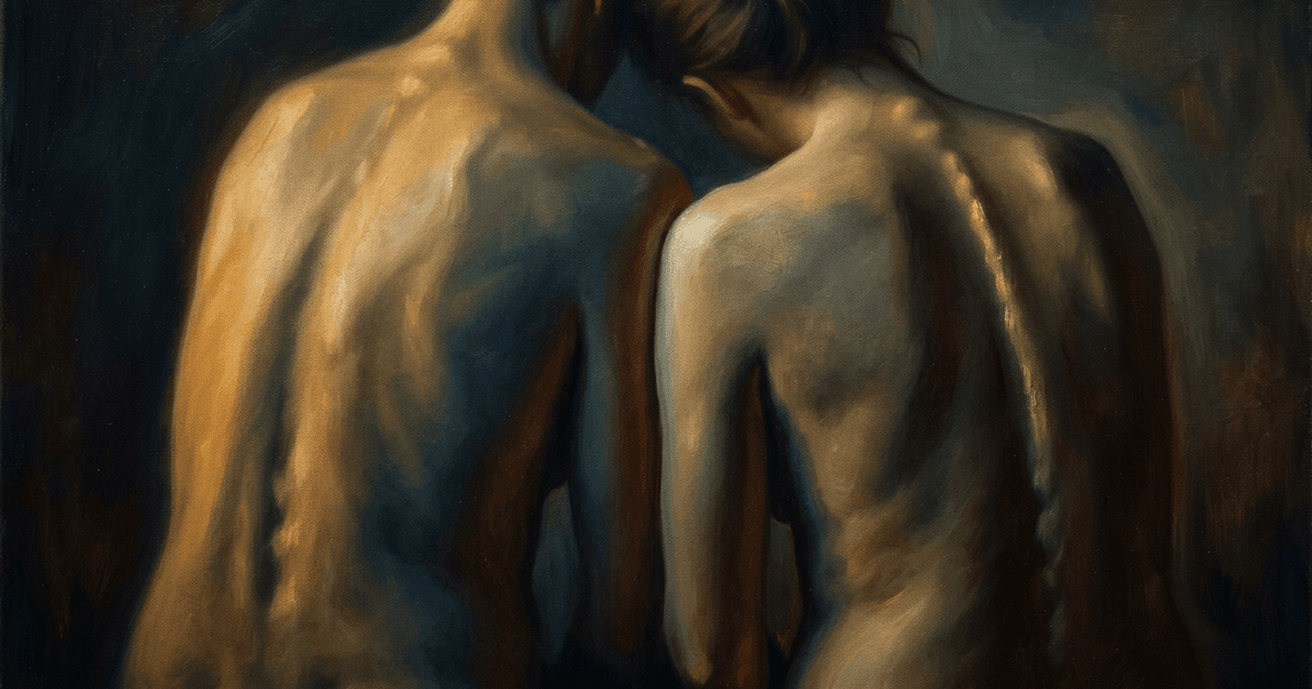 Dos cuerpos de espaldas, apoyándose sin fundirse — el lugar entre la fusión y la distancia